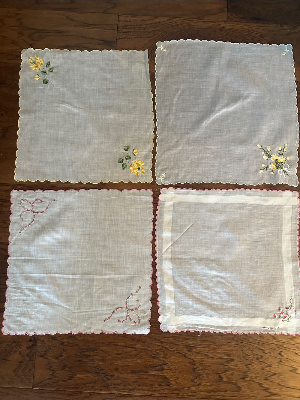 Vintage Set of 4 Embroidered Linen hankies with Yellow and Pink Accents